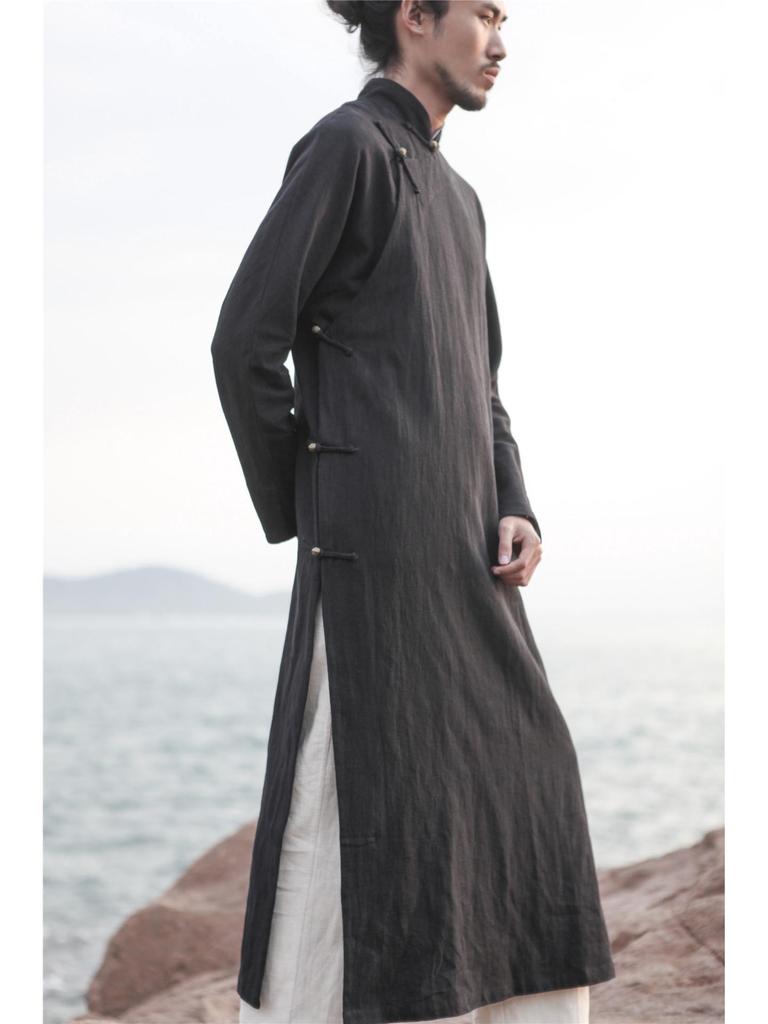 Ležérní dlouhé šaty Hanfu ve stylu éry Republiky, taoistický lněný župan s pan sponou a měděnými knoflíky