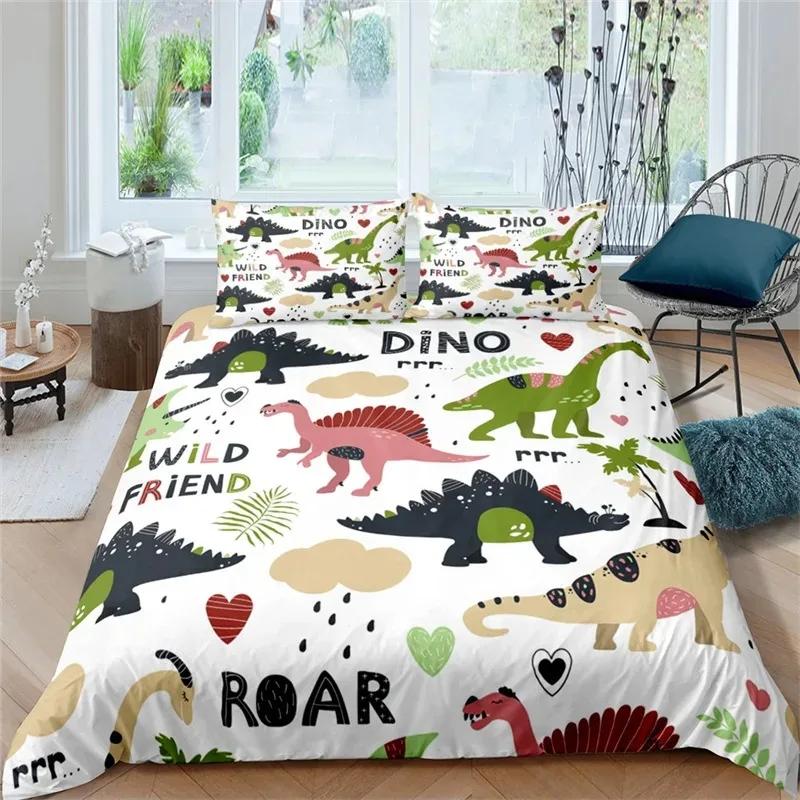 Cute Cartoon Dinosaur Duvet Cover For Boy Girl 2/3Pcs Kawaii Animal Dinosaur Print Bedding Set Twin Queen Microfiber Quilt Cover