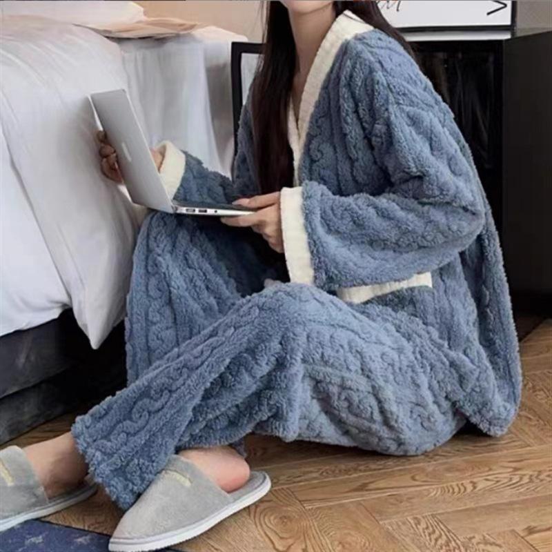 

Осінь-зима Жіноча піжама з 2 предметів Жіноча піжама з потовщеною підкладкою Теплий студентський оксамитовий костюм із коралового згустку Домашній одяг Кардиган Штани One Size синій