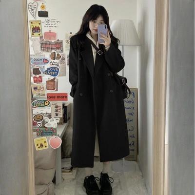 Women's Korean Style Black Woolen Coat Woolen Overcoat Autumn Winter Blazer Outer Wear
