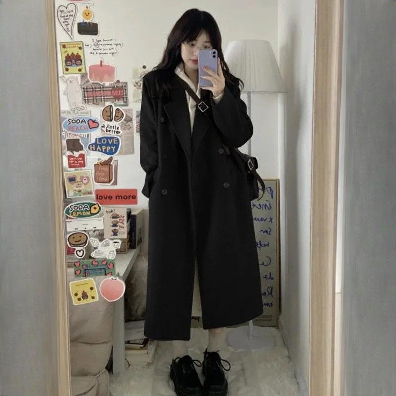 Women's Korean Style Black Woolen Coat Woolen Overcoat Autumn Winter Blazer Outer Wear