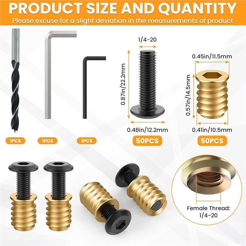 A74E-Threaded Insert And Bolt Kit- 50 Sets Of 1/4-20 X 19/32" For Wood, Hex Socket Drive Furniture Screw Nut Assortment