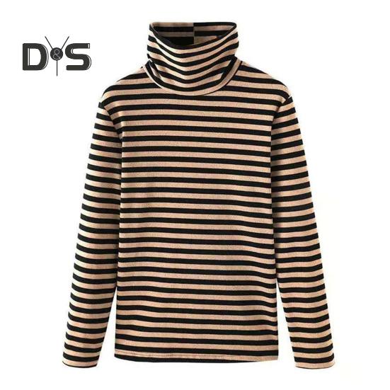 Damen-Oberteile mit hohem Kragen, langen Ärmeln, verdicktem Samtfutter, Pullover-Oberteile, gestreifter Aufdruck