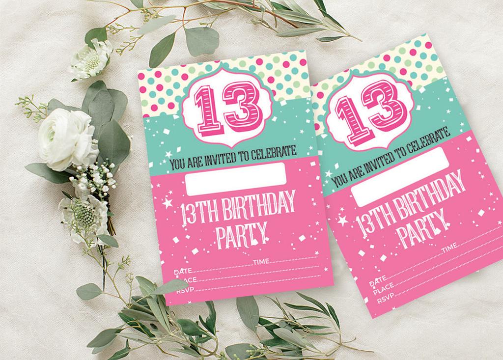 Milá suvenýrní vícebarevná narozeninová pozvánka k vytištění, prázné pozvánky k vyplnění nebo dopsání, párty potřeby, balení 28 kusů 5 x 7