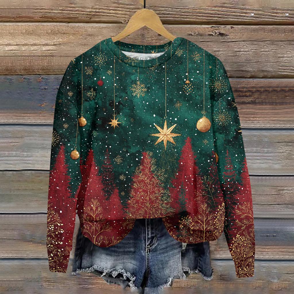 Women's Christmas Printed Casual Fashion Long Sleeve Round Neck Pullover Top