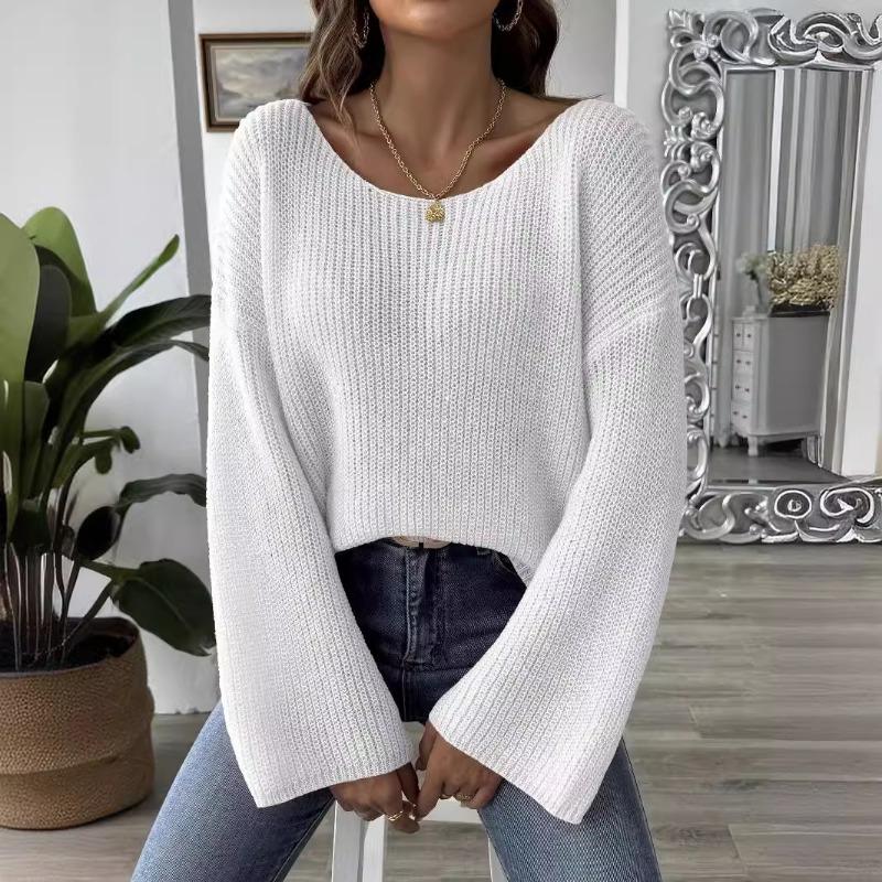 Women Loose Off Shoulder Boat Neck Flare Sleeve Pullover Knit Sweater