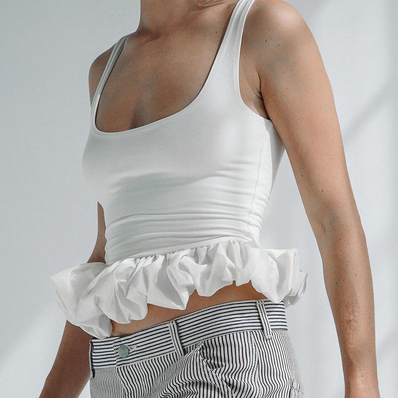 

Майки с квадратным вырезом для женщин, без рукавов, с открытой спиной, кроп-топ с баской, с пузырчатым подолом, летний топ, черный, белый L белый