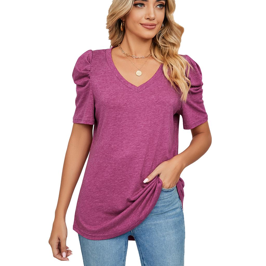Sommer Frauen T-shirt Einfarbig Lose Beiläufige V-ausschnitt Kurzarm Tops