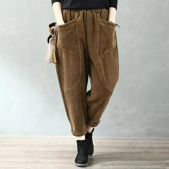 Women's Fleece-Lined Corduroy Harem Pants - Elastic Waist, Plus Size, Casual Carrot Shaped, Perfect for Autumn and Winter