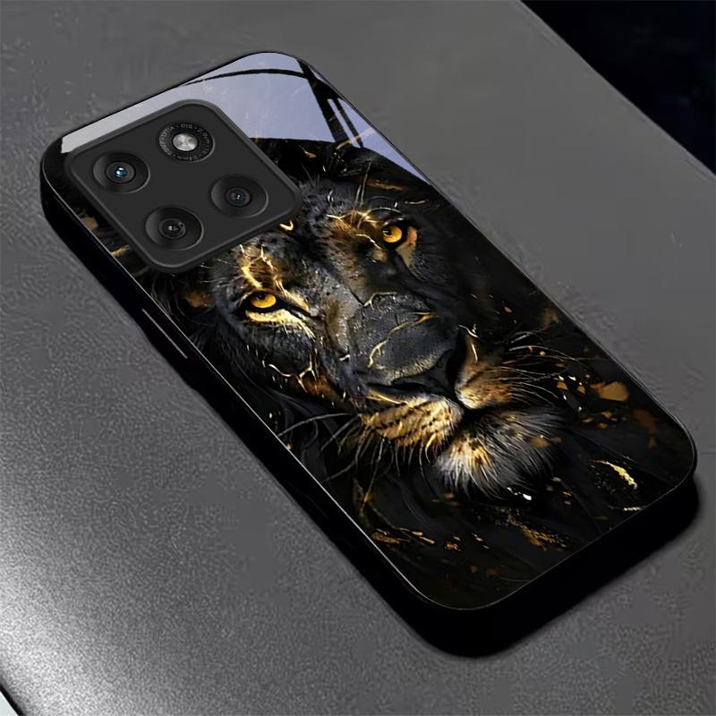 Lion With Golden Black Glass Phone Case For Motorola Moto Edge 70 60 Fusion 50 Ultra 40 Neo 30 Pro 20Lite 60s 50Neo Black Cover