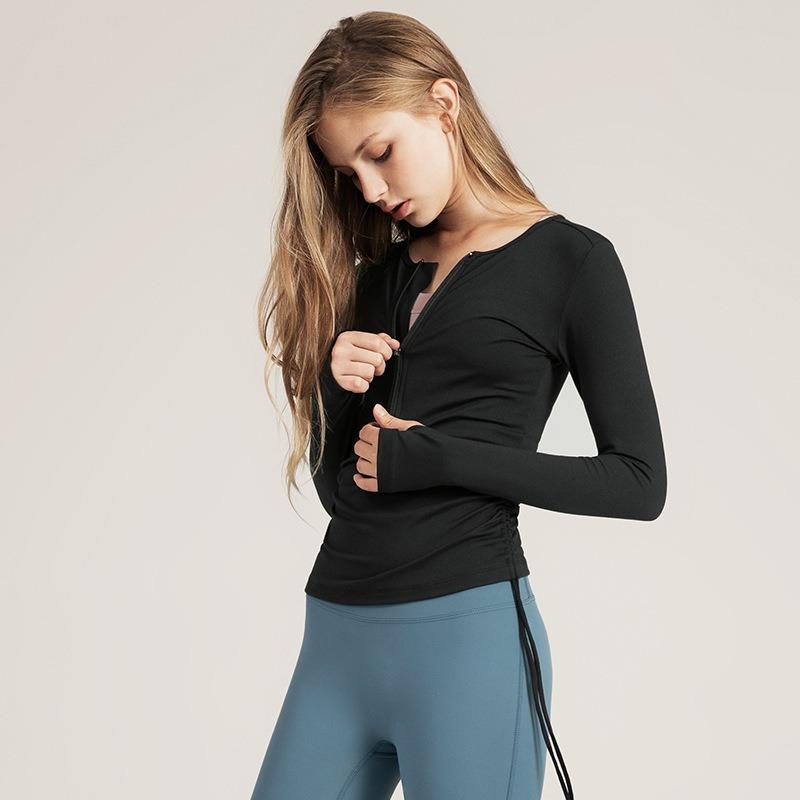 Autumn and Winter Drawstring Yoga Clothing Tops Casual Slim Quick-drying Running Zipper Sports Fitness Clothing Women's Long Sleeves