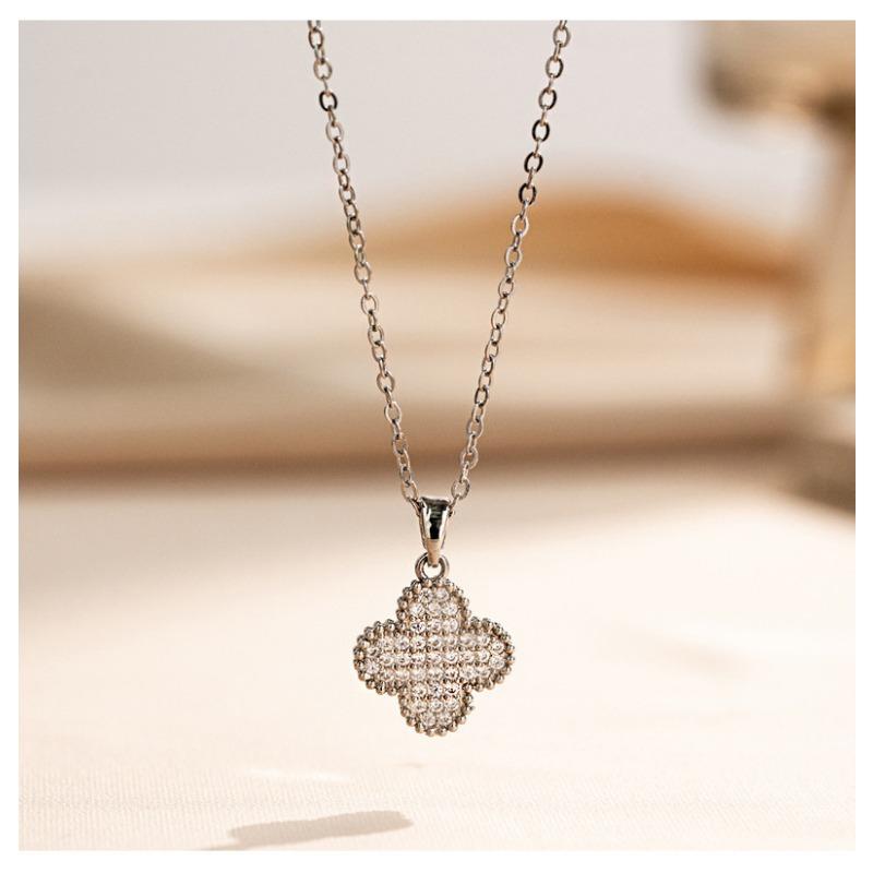 Korean Style Light Luxury Four Leaf Flower Zircon Inlaid Necklace And Earrings Set For Women
