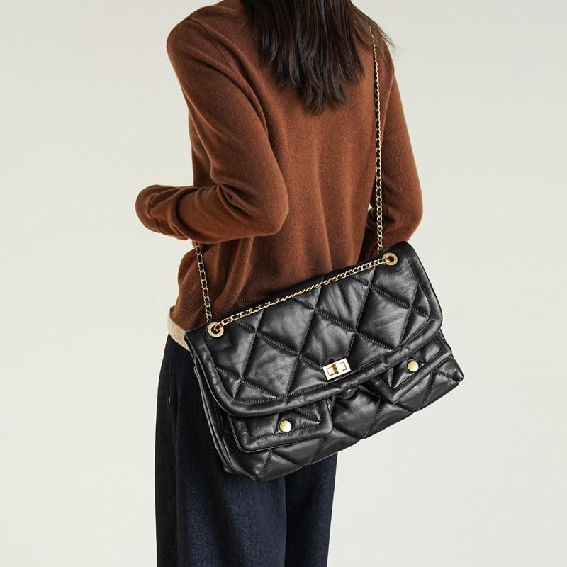 Xiaoxiang Layer Cowhide Grid High-end Chain Bag Women's Doubles Pocket Large Capacity Versatile Single Shoulder Tote