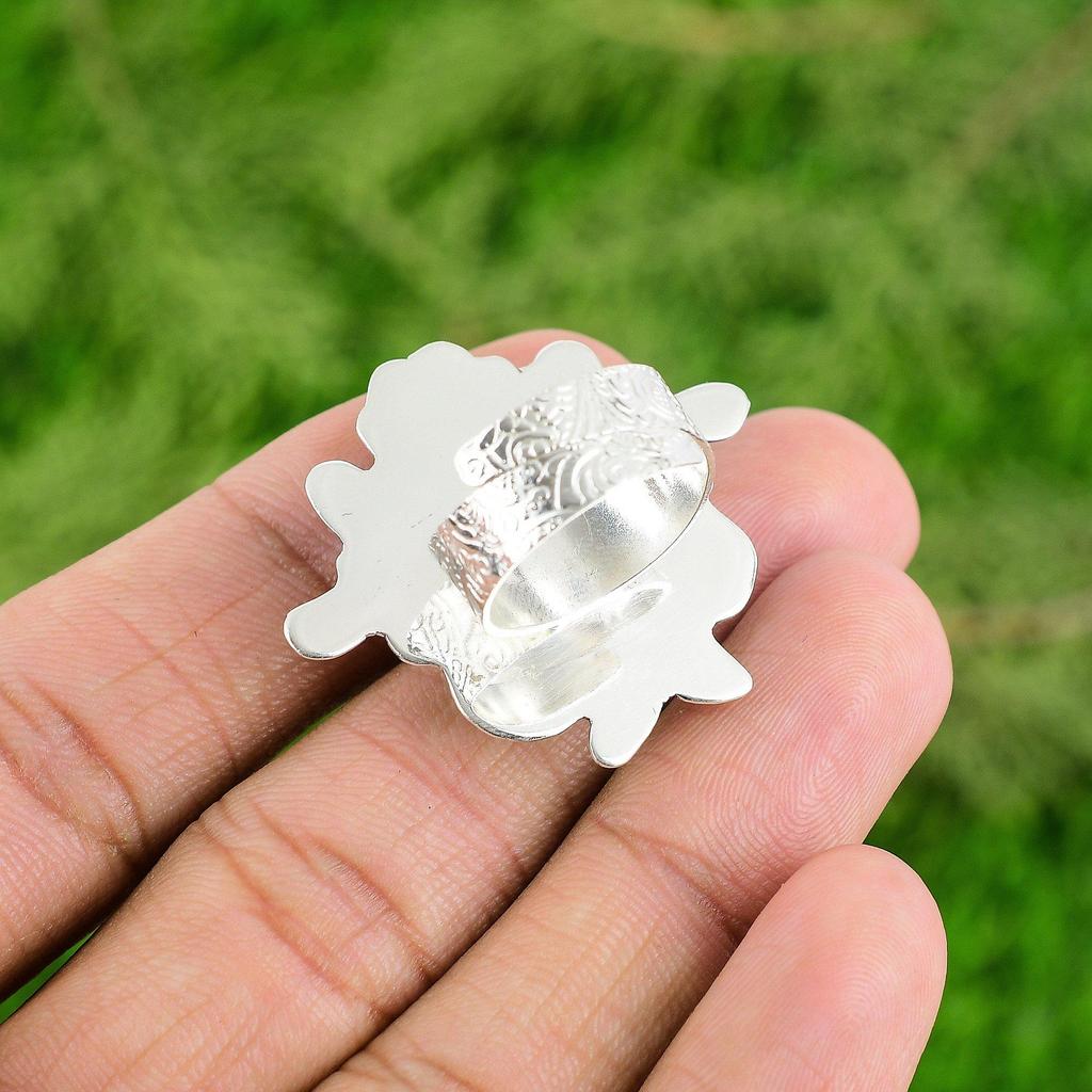 925 Silver Mosaic Balloon Jasper Gemstone Handcrafted Flower Bezel Ring Jewelry