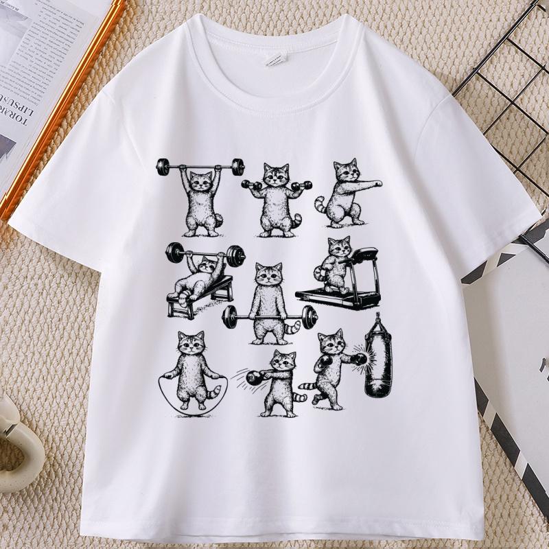 Funny Cats Gym T Shirt Unisex WOMEN Cat Workout T-Shirt Weight Lifting Gym Cat Tee O Neck Short Sleeve Tee Shirt Unisex Clothing