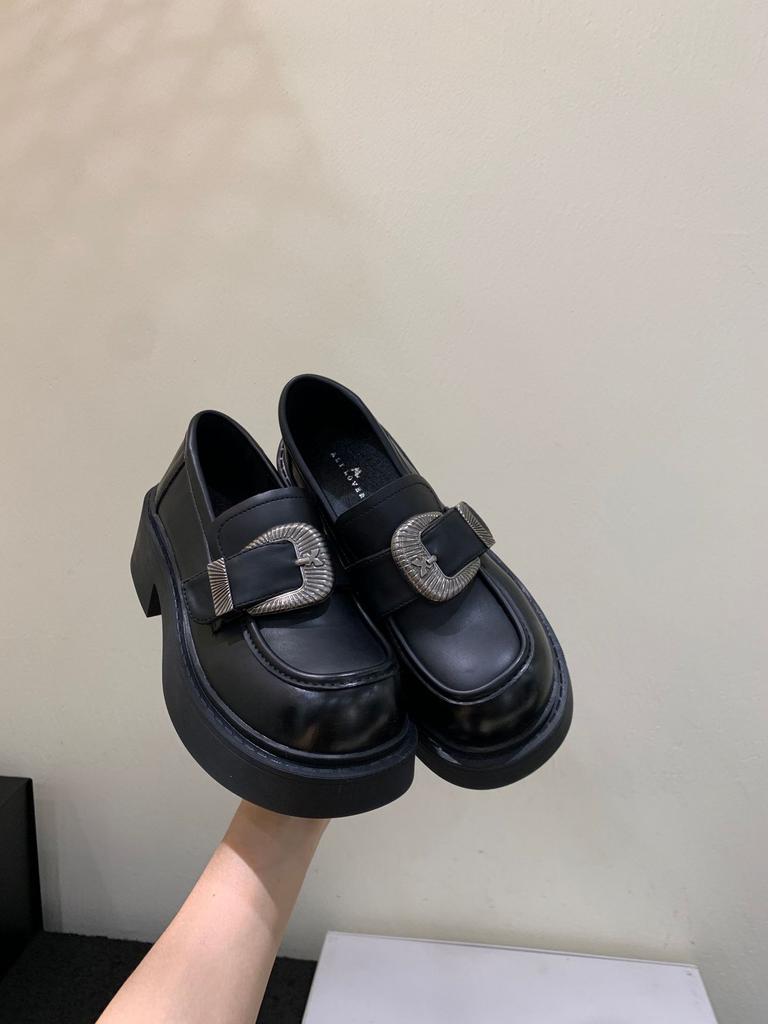 Coarse heel French sense retro brown small leather shoes women's shoes 2025 new metal belt buckle loafer single shoes