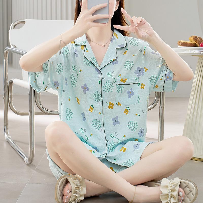 Summer fashion high-end pajamas printed short-sleeved shirts pajamas are comfortable and can be worn at home