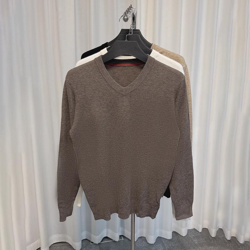 Men's Trendy Solid Color V-Neck Wool Sweater for Autumn/Winter - Base Layer Casual Knit Pullover
