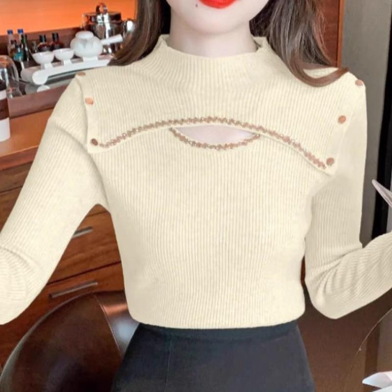 Half High Neck Nail Bead Hollow Out Fashionable Knitted Base Shirt for Women Long Sleeved Autumn and Winter Versatile Top