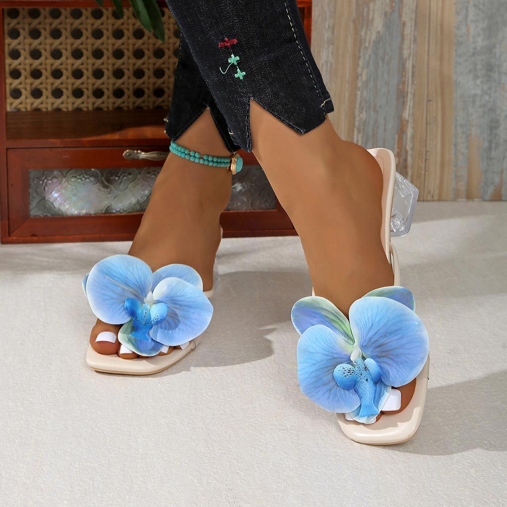 Elegant Women High Heel Slippers Brand Shoes Floral Design Mules Casual Fashion Outdoor New Summer Sandals Zapato Mujer