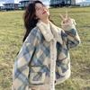 Woolen, Splicing Autumn and Winter Retro Plaid Design Woolen Coat Thickened Jacket Green and Thin
