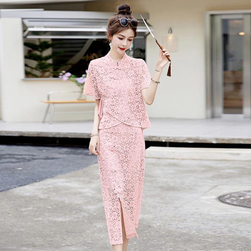

Improved cheongsam dress women s two-piece set summer new small lace hip-wrapped dress S розовый