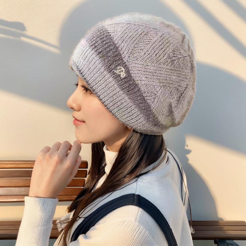 Woolen Hat, Women's Pile Hat, Autumn and Winter Thick Double-layer Warm Knitted Hat
