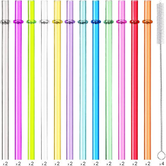24 PCS, Reble Straws with 4 Brushes, 10.5" Long Tritan Hard Plastic Straws, 12 Colors Translucent Replacement Drinking for 16OZ-32 OZ Tumblers, Cups,