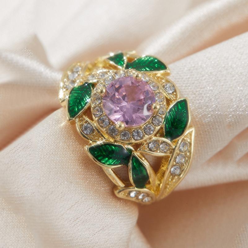 Luxurious Sparkling Round Set with Zircon Leaf Rings, Bridal Engagement Jewelry, Banquet Party Accessories Gifts