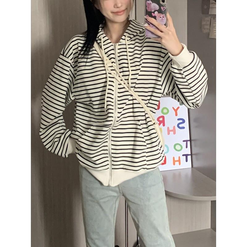 Womens Striped Hooded Zip Sweatshirt Loose Casual Long Sleeve Top Fall Winter