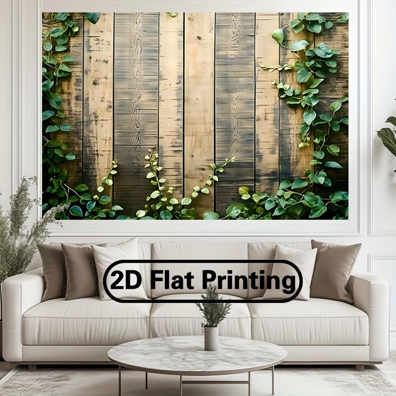 Bannière plate 2D -1 bannière de fête en fibre de polyester - Motif mur en bois et plante verte - Convient pour la décoration intérieure et les fêtes