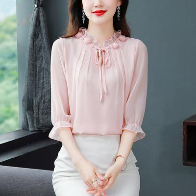 Nieuw Lente Veelzijdig Chiffon Blouse Petalen Kraag Leeftijdverlagend Halflange Mouwen Modieuze Top voor Dames