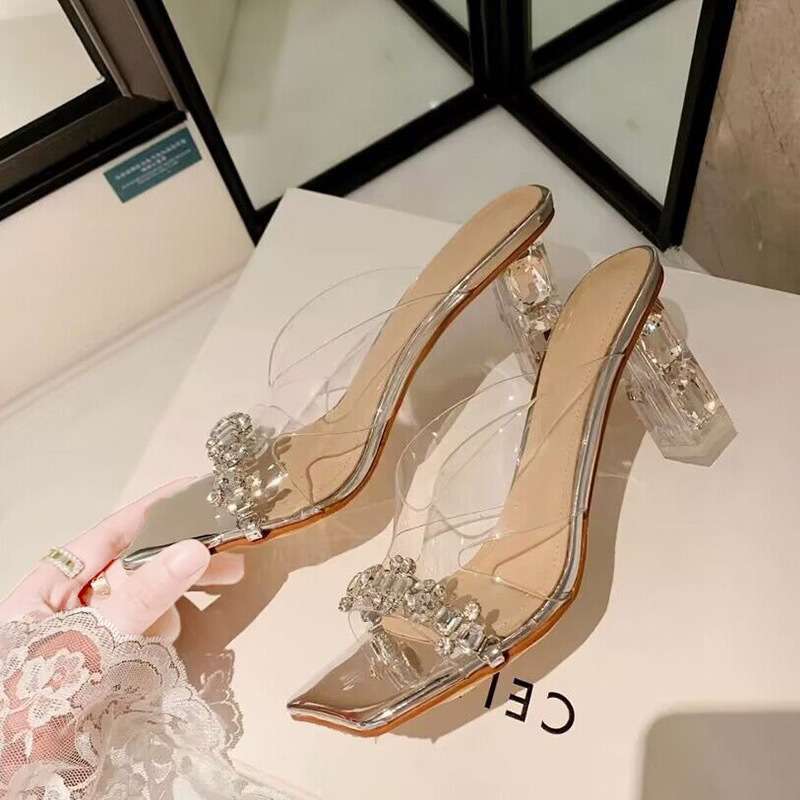 Square Head Word with Rhinestone High Heels Women's Summer 2025 New Thick Heel Transparent Crystal Heel Sandals One Pedal