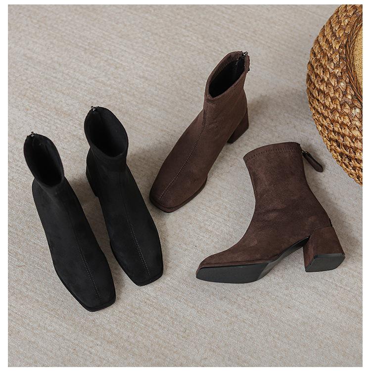 Versatile temperament French suede high-heeled short boots women's new thick-heeled square-head elastic thin boots in autumn and winter 2025