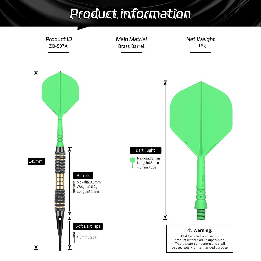 CyeeLife Darts Plastic Tips Professional Soft Tip Darts Set 18g with Suitcase and 30 Extra Dart Tips for Electronic Dartboard - (Black) (Green)