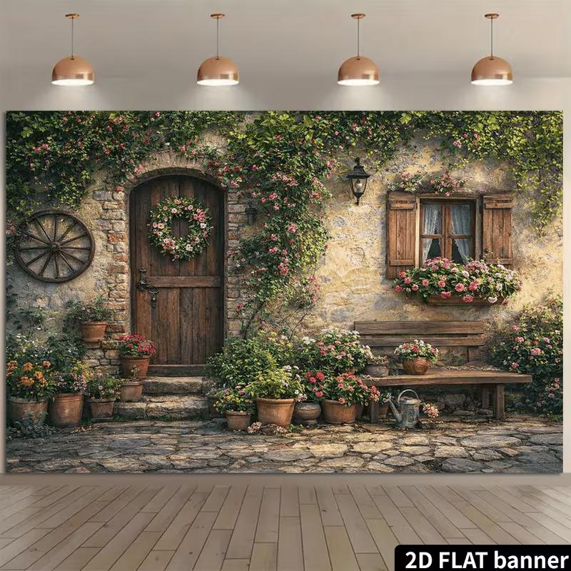 Rustic Cottage Potted Flower Wooden Bench Outdoor Photo Background 47.2x31.5inch/120*80cm