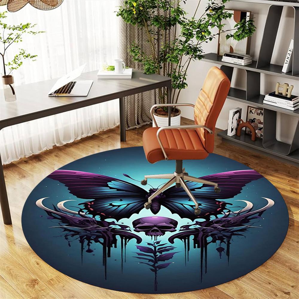 1PC Butterfly Skull Gothic Round Chair Mat Area Rug - Non-Slip, Floor Mat for Office, Bedroom, Home Decor Christmas Gift C0528060