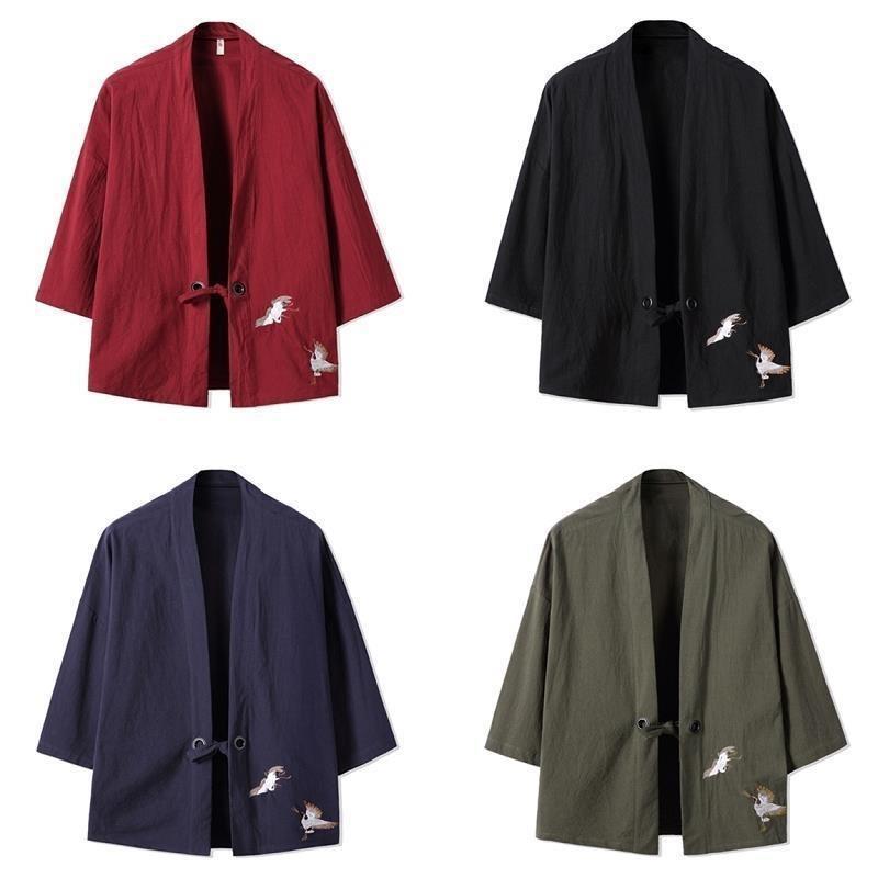 Herren Chinesischer Stil Dreiviertelarm Tang Anzug Kimono Leinen Strickjacke