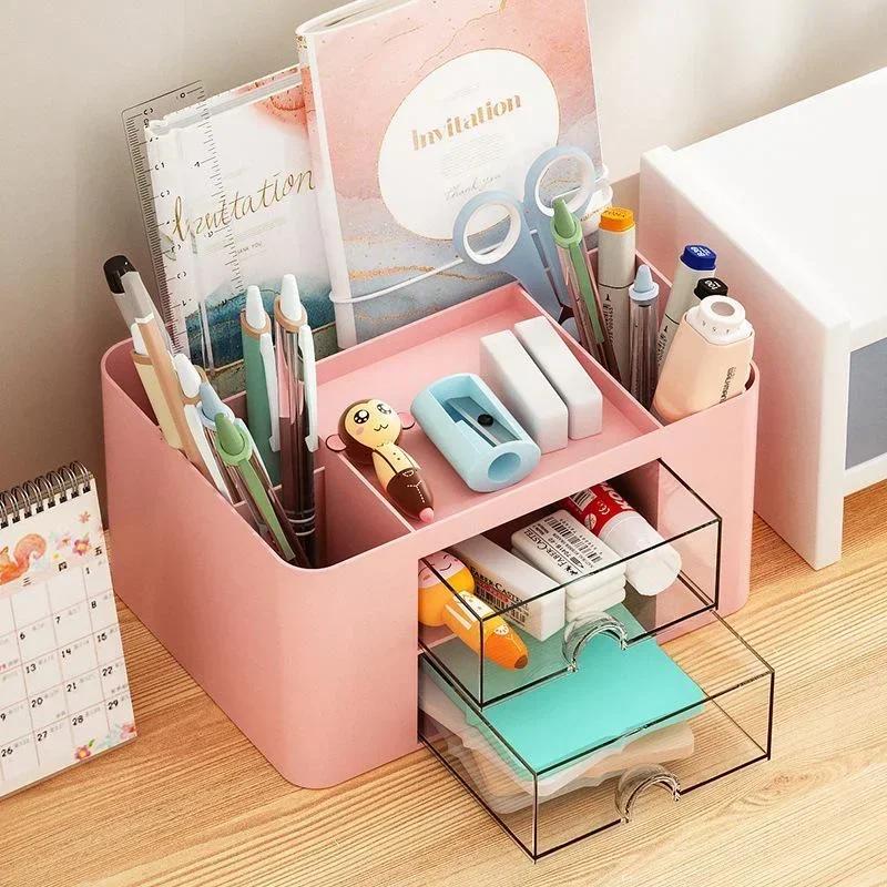 Saving Space Desktop Cosmetic Brush Storage Case with Drawer Makeup Organizer Item Pens Desk Organize Box Plastic Holder Drawers