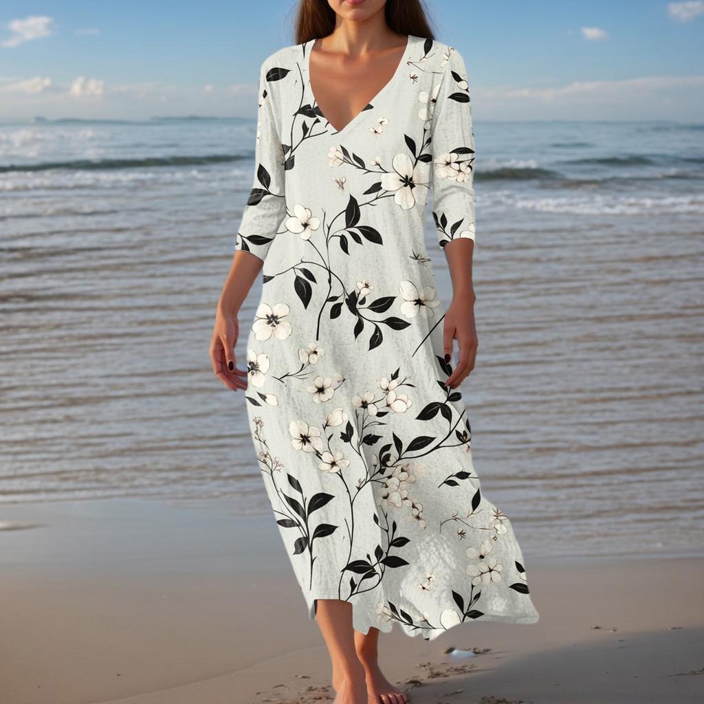 Women's Vintage Print Tunic Waisted Midi Dress Summer Casual 3/4 Sleeve Dress Dress