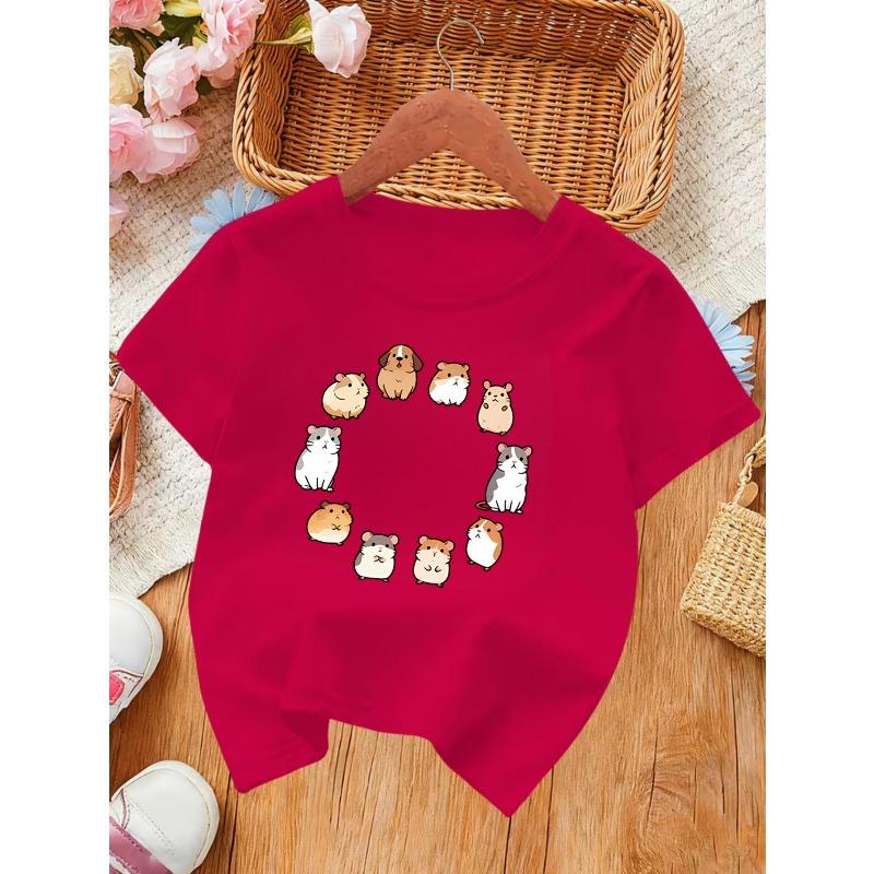 European sizes Multi-Hamster Wreath Girl Summer Short Sleeve T-Shirt, Breathable Comfortable Fashion Print Top