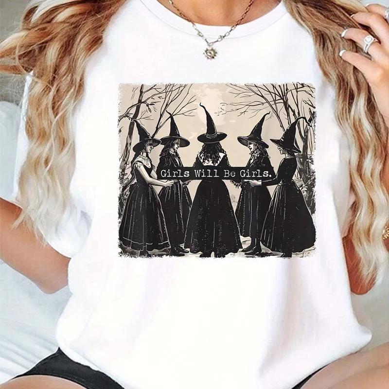 GIRLS WILL BE GIRLS Witch In the Forest Print Sport Crew Neck T-shirts Spring Summer Short Sleeve T-shirts Tops Loose Shirt