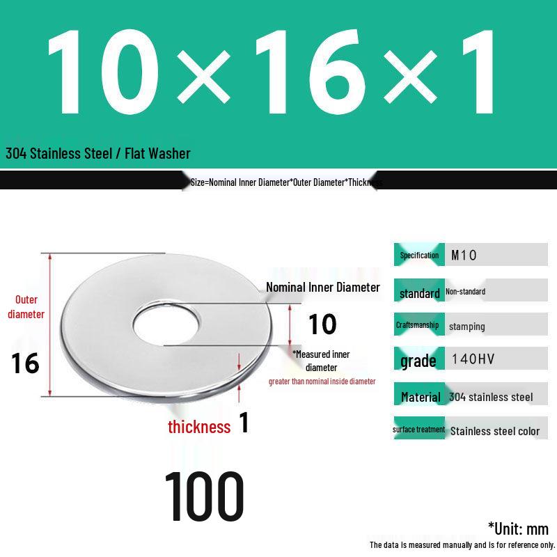 304 Stainless Steel Thickened Flat Washer Set, Sizes 2-36