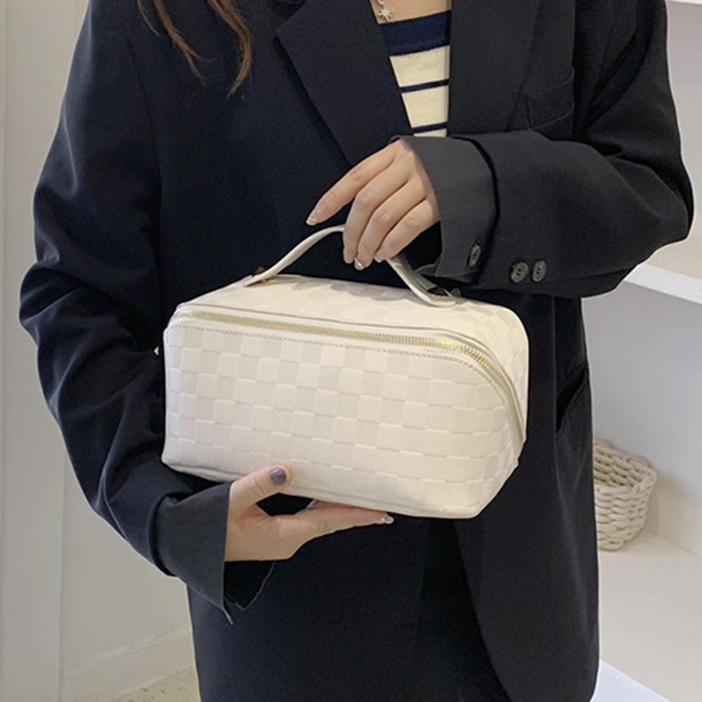 Karierte Kulturtasche, multifunktionaler Make-up-Koffer aus PU-Leder, tragbar, große Kapazität, modischer Reißverschluss, weich für Camping und Wandern