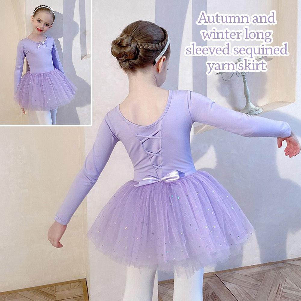 Fashion Long Sleeve Ballet Dress Cotton Sequins Ballet Tutu Skirt Party Dress Bowknot Performance Clothes Dance