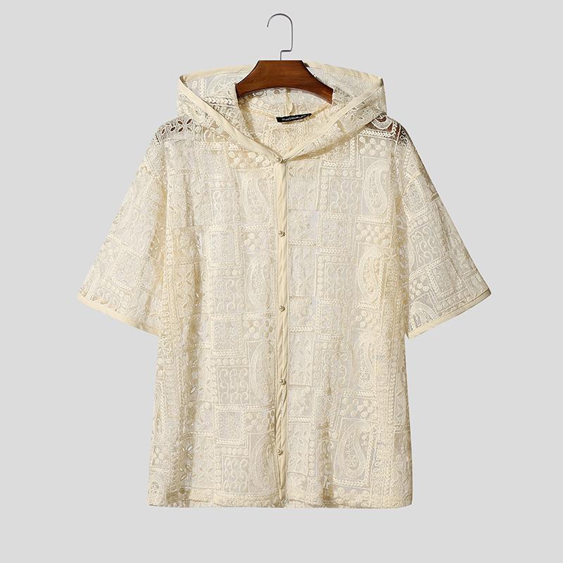 

INCERUN Men Lapel Short Sleeve Lace Crochet Mesh Sheer Casual Loose Shirts Tops 5XL абрикосовый