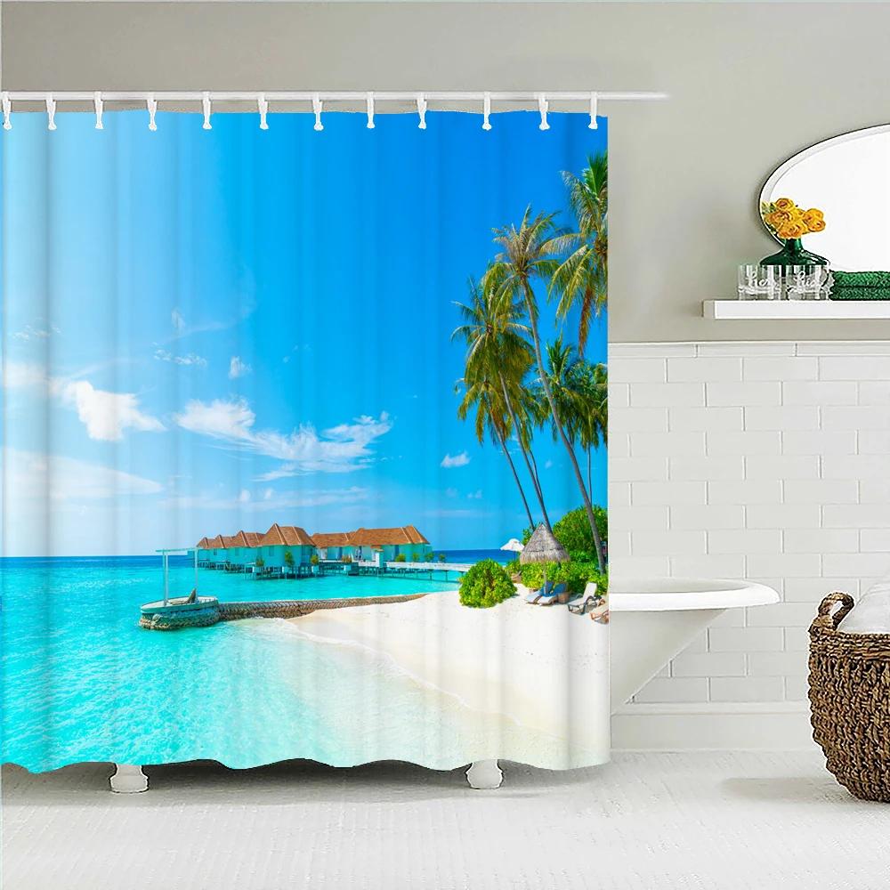 Waterproof Shower Curtain For Bathroom Sunny Sea Beach landscape Print Bathtub Curtains Polyester Bathroom Curtain with 12 Hooks