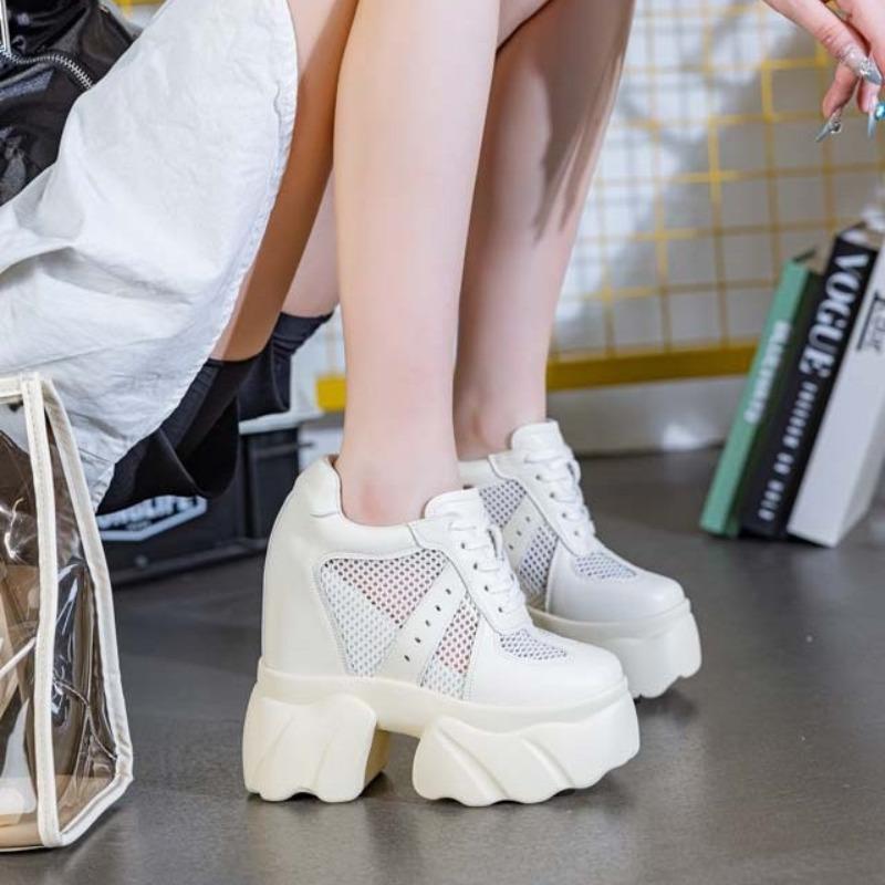 Fashion 12CM Women Summer Air Mesh Genuine Leather Shoes Vulcanize Platform Wedge Microfiber Ultra Platform Wedge Hollow Slides Sandals