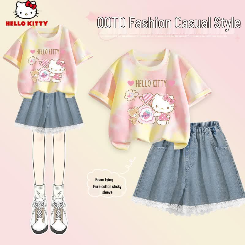 Hello Kitty Girls  Summer Cotton Short Sleeve Top & Denim Shorts Set 120