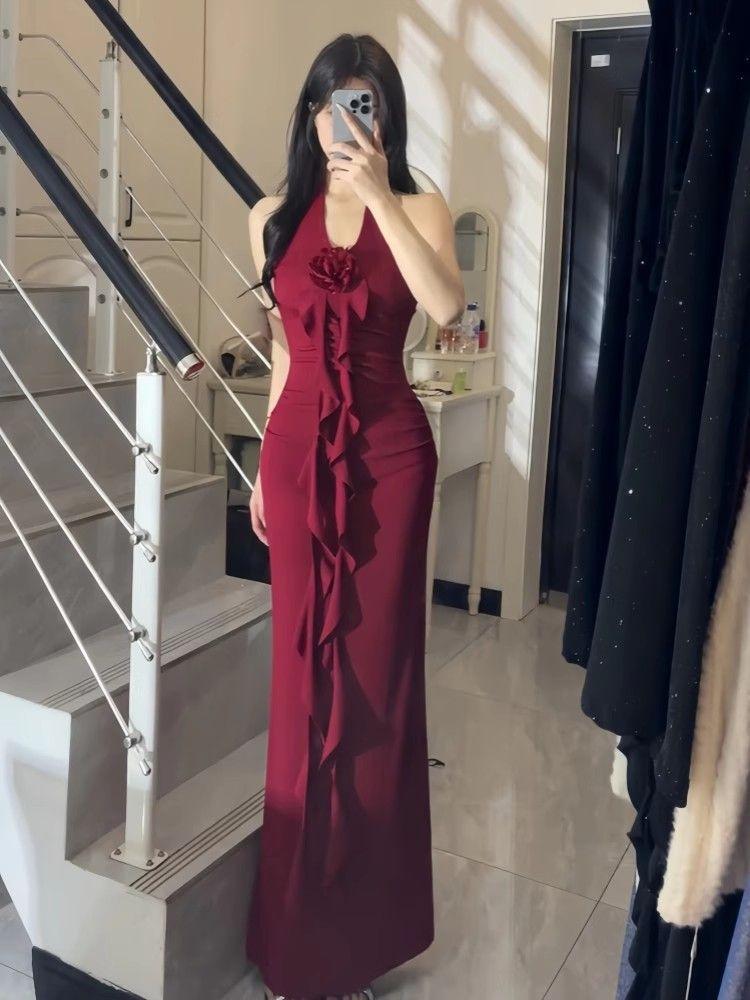 French black suspender versatile dress, new temperament sleeveless long dress in summer, waist and thin